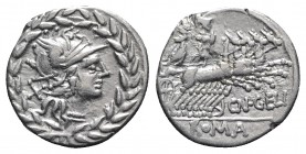 Cn. Gellius, Rome, 138 BC. AR Denarius (20mm, 3.81g, 3h). Helmeted head of Roma r.; all within laurel wreath. R/ Mars driving galloping quadriga r., g...