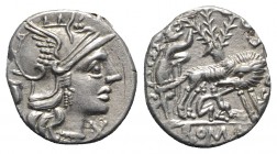 Sex. Pompeius Fostlus, Rome, 137 BC. AR Denarius (18mm, 3.85g, 1h). Helmeted head of Roma r.; capis to l. R/ She-wolf standing r., head l., suckling t...