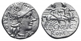 Cn. Lucretius Trio, Rome, 136 BC. AR Denarius (18mm, 3.93g, 9h). Helmeted head of Roma r. R/ Dioscuri on horseback riding r. Crawford 237/1a; RBW 978;...