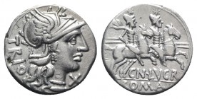 Cn. Lucretius Trio, Rome, 136 BC. AR Denarius (18mm, 3.92g, 9h). Helmeted head of Roma r. R/ Dioscuri on horseback riding r. Crawford 237/1a; RBW 978;...