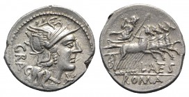 L. Antestius Gragulus, Rome, 136 BC. AR Denarius (20mm, 3.92g, 5h). Helmeted head of Roma r. R/ Jupiter driving quadriga r., holding reins and sceptre...