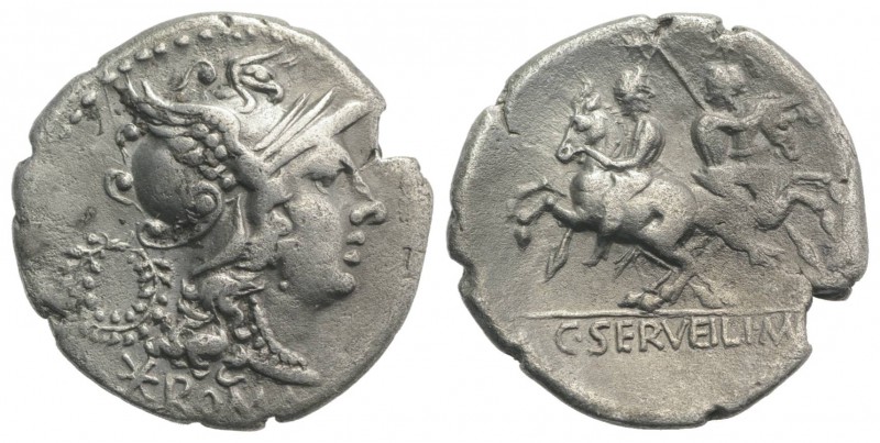 C. Servilius M.f., Rome, 136 BC. AR Denarius (20mm, 3.68g, 6h). Head of Roma r.,...