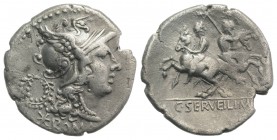 C. Servilius M.f., Rome, 136 BC. AR Denarius (20mm, 3.68g, 6h). Head of Roma r., wearing winged helmet; wreath to l. R/ Dioscuri riding in opposite di...