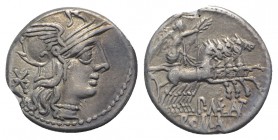 P. Maenius Antiaticus M.f., Rome, 132 BC. AR Denarius (19mm, 3.95g, 4h). Helmeted head of Roma r. R/ Victory, holding reins and wreath, driving gallop...