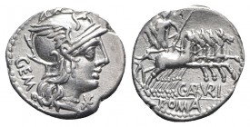 M. Aburius M.f. Geminus, Rome, 132 BC. AR Denarius (18mm, 4.03g, 7h). Helmeted head of Roma r., mark of value below chin. R/ Sol driving quadriga r., ...