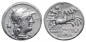 L. Postumius Albinus, Rome, 131 BC. AR Denarius (20mm, 3.91g, 12h). Head of Roma r.; apex behind. R/ Mars in quadriga r., holding spear, shield and re...