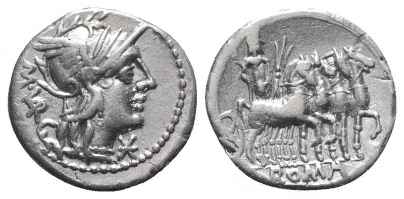 M. Vargunteius, Rome, 130 BC. AR Denarius (20mm, 3.82g, 6h). Helmeted head of Ro...