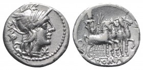 M. Vargunteius, Rome, 130 BC. AR Denarius (20mm, 3.82g, 6h). Helmeted head of Roma r. R/ Jupiter driving triumphal quadriga r., holding palm frond and...