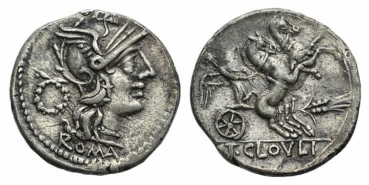 T. Cloelius, Rome, 128 BC. AR Denarius (19mm, 3.88g, 6h). Helmeted head of Roma ...
