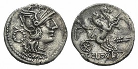 T. Cloelius, Rome, 128 BC. AR Denarius (19mm, 3.88g, 6h). Helmeted head of Roma r.; wreath behind. R/ Victory driving biga with horses rearing r.; gra...