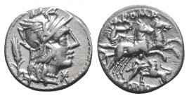 Cn. Domitius Ahenobarbus, Rome, 128 BC. AR Denarius (16mm, 3.90g, 9h). Helmeted head of Roma r.; stalk of grain to l. R/ Victory driving galloping big...