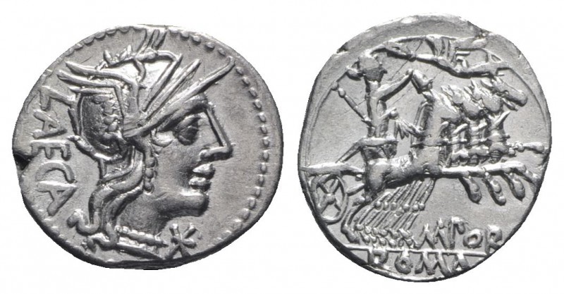 M. Porcius Laeca, Rome, 125 BC. AR Denarius (18mm, 3.90g, 3h). Helmeted head of ...