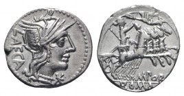 M. Porcius Laeca, Rome, 125 BC. AR Denarius (18mm, 3.90g, 3h). Helmeted head of Roma r. R/ Libertas driving quadriga r., holding reins and vindicta; a...