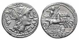 Q. Fabius Labeo, Rome, 124 BC. AR Denarius (19mm, 3.87g, 7h). Helmeted head of Roma r. R/ Jupiter driving galloping quadriga r., hurling thunderbolt, ...