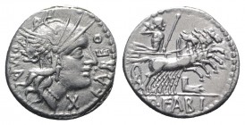Q. Fabius Labeo, Rome, 124 BC. AR Denarius (18.5mm, 3.90g, 7h). Helmeted head of Roma r. R/ Jupiter driving galloping quadriga r., hurling thunderbolt...