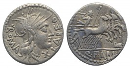 Q. Fabius Labeo, Rome, 124 BC. AR Denarius (18mm, 3.86g, 11h). Helmeted head of Roma r. R/ Jupiter driving galloping quadriga r., hurling thunderbolt,...