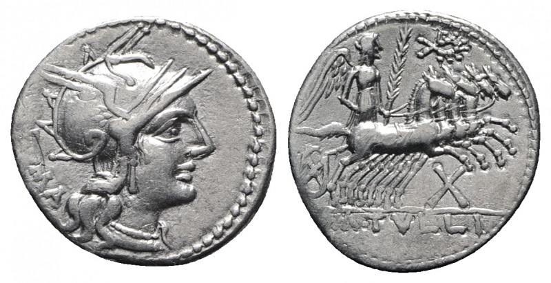 M. Tullius, Rome, 119 BC. AR Denarius (20mm, 3.87g, 7h). Helmeted head of Roma r...