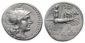 M. Tullius, Rome, 119 BC. AR Denarius (20mm, 3.87g, 7h). Helmeted head of Roma r. R/ Victory driving galloping quadriga r., holding palm frond and rei...