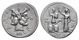 M. Furius L.f. Philus, Rome, 120 BC. AR Denarius (19mm, 3.89g, 6h). Laureate head of Janus. R/ Roma standing l., holding spear and crowning trophy of ...