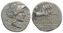Cn. Domitius Ahenobarbus, Rome, 116-115 BC. AR Denarius (19mm, 3.80g, 3h). Helmeted head of Roma r. R/ Jupiter driving triumphal quadriga r., holding ...