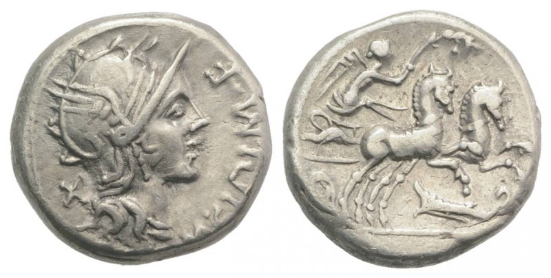 M. Cipius M.f., Rome, 115-114 BC. AR Denarius (15mm, 3.95g, 6h). Helmeted head o...