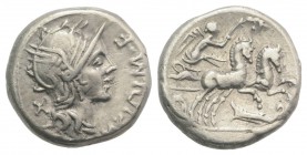M. Cipius M.f., Rome, 115-114 BC. AR Denarius (15mm, 3.95g, 6h). Helmeted head of Roma r. R/ Victory driving galloping biga r., holding reins and palm...