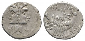 C. Fonteius, Rome, 114-113 BC. AR Denarius (20mm, 3.90g, 6h). Laureate, janiform heads of the Dioscuri; N to l. R/ Galley l. with three rowers, gubern...