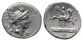 L. Philippus, Rome, 113-112 BC. AR Denarius (19mm, 3.83g, 5h). Head of Philip V of Macedon r., wearing diademed royal Macedonian helmet with goat horn...