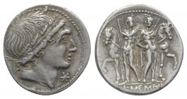 L. Memmius, Rome, 109-108 BC. AR Denarius (20mm, 3.93g, 6h). Male head r., wearing oak wreath. R/ The Dioscuri standing facing before their horses, ea...