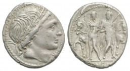L. Memmius, Rome, 109-108 BC. AR Denarius (19mm, 3.89g, 6h). Male head r., wearing oak wreath. R/ The Dioscuri standing facing before their horses, ea...