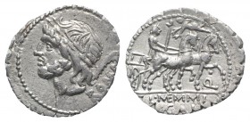 L. Memmius Galeria, Rome, 106 BC. AR Serrate Denarius (18mm, 3.86g, 8h). Laureate head of Saturn left; harpa to r. R/ Venus driving biga r., holding s...