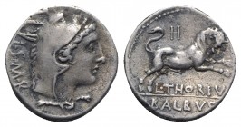 L. Thorius Balbus, Rome, c. 105 BC. AR Denarius (18mm, 3.87g, 6h). Head of Juno Lanuvium r., wearing goat skin. R/ Bull charging r.; H above. Crawford...