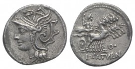 Lucius Appuleius Saturninus, Rome, 104 BC. AR Denarius (19mm, 3.48g, 9h). Helmeted head of Roma l. R/ Saturn driving quadriga r., holding harpa and re...