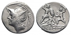 Q. Minucius Thermus M. f. Roma, 103 BC. AR Denarius (18mm, 3.90g, 11h) Helmeted bust of Mars l. R/ Two warriors in combat, one on l. protecting a fall...
