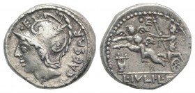 L. Julius L.f. Caesar, Rome, 103 BC. AR Denarius (16mm, 3.99g, 6h). Helmeted head of Mars l. R/ Venus Genetrix, holding sceptre, driving biga of Cupid...