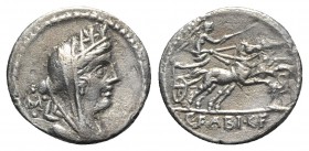 C. Fabius C.f. Hadrianus, Rome, 102 BC. AR Denarius (19mm, 3.56g, 6h). Turreted and veiled head of Cybele r.; control-mark behind. R/ Victory driving ...