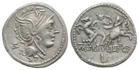 M. Servilius C.f., Rome, 100 BC. AR Denarius (21.5mm, 3.93g, 11h). Helmeted head of Roma r.; Ξ to l. R/ Two warriors, a Roman and a barbarian, fightin...