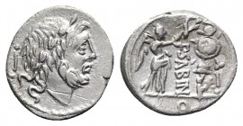 P. Sabinus, Rome, 99 BC. AR Quinarius (14mm, 1.85g, 9h). Laureate head of Jupiter r.; control-mark behind. R/ Victory standing r., crowning trophy wit...