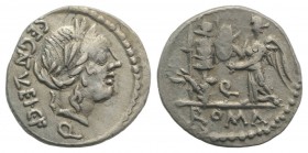 C. Egnatuleius C.f., Rome, 97 BC. AR Quinarius (14mm, 1.84g, 12h). Laureate head of Apollo. R/ Victory standing l., inscribing shield attached to trop...