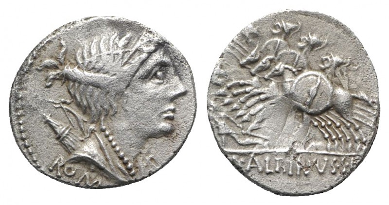 A. Albinus Sp.f., Rome, 96 BC. AR Denarius (18mm, 3.82g, 3h). Bust of Diana r.; ...