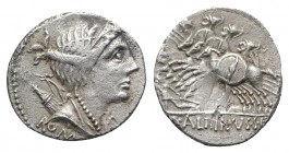 A. Albinus Sp.f., Rome, 96 BC. AR Denarius (18mm, 3.82g, 3h). Bust of Diana r.; bow and quiver over shoulder. R/ Three horsemen galloping l.; fallen w...