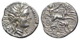 C. Allius Bala, Rome, 92 BC. AR Denarius (16mm, 3.63g, 6h). Diademed female head (Diana?) r.; P below chin. R/ Diana driving galloping biga of stags r...