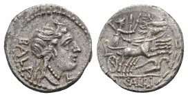 C. Allius Bala, Rome, 92 BC. AR Denarius (17mm, 3.80g, 1h). Diademed female head (Diana?) r.; letter below chin. R/ Diana driving galloping biga of st...