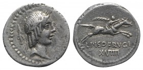 L. Calpurnius Piso Frugi, Rome, 90 BC. AR Denarius (19mm, 3.52g, 12h). Laureate head of Apollo r.; spear-head behind. R/ Horseman galloping r., holdin...