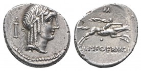 L. Calpurnius Piso Frugi, Rome, 90 BC. AR Denarius (17.5mm, 3.94g, 12h). Laureate head of Apollo r.; quiver behind. R/ Horseman galloping r., holding ...