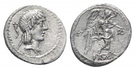 L. Calpurnius Piso Frugi, Rome, 90 BC. AR Quinarius (14mm, 2.09g, 12h). Laureate head of Apollo r.; cornucopia behind. R/ Victory advancing r., holdin...