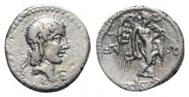 L. Calpurnius Piso Frugi, Rome, 90 BC. AR Quinarius (13mm, 2.12g, 3h). Laureate head of Apollo r.; E before. R/ Victory advancing r., holding wreath, ...