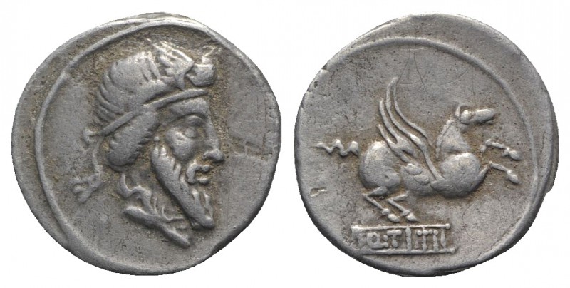 Q. Titius, Rome, 90 BC. AR Denarius (18mm, 3.91g, 2h). Bearded head of Mutinus T...