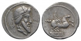 Q. Titius, Rome, 90 BC. AR Denarius (18mm, 3.91g, 2h). Bearded head of Mutinus Titinus r., wearing winged diadem. R/ Pegasus springing r. from inscrib...