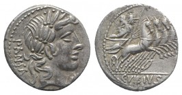 C. Vibius C.f. Pansa, Rome 90 BC. AR Denarius (17mm, 3.88g, 9h). Laureate head of Apollo r.; [symbol] below chin. R/ Minerva driving galloping quadrig...